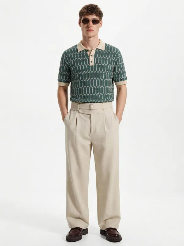 Highlander Men Teal Self Design Polo Collar T-Shirt