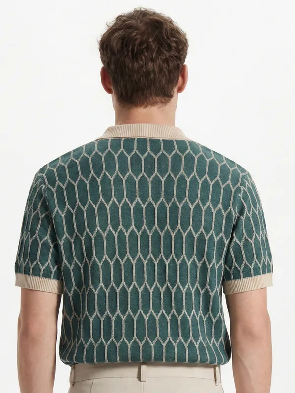 Highlander Men Teal Self Design Polo Collar T-Shirt