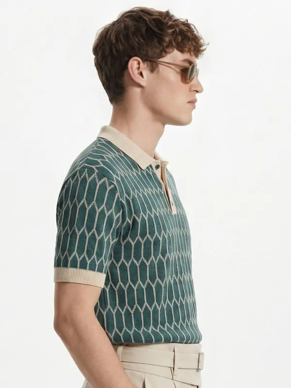 Highlander Men Teal Self Design Polo Collar T-Shirt