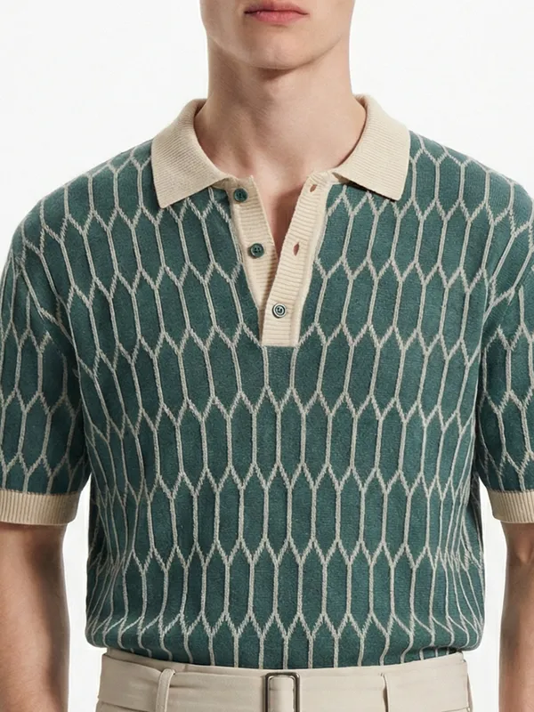 Highlander Men Teal Self Design Polo Collar T-Shirt