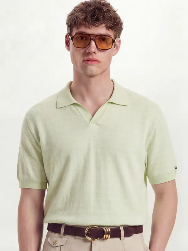 Highlander Men Green Self Design Polo Collar T-Shirt