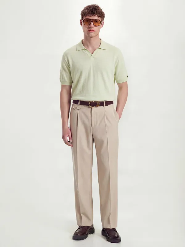 Highlander Men Green Self Design Polo Collar T-Shirt