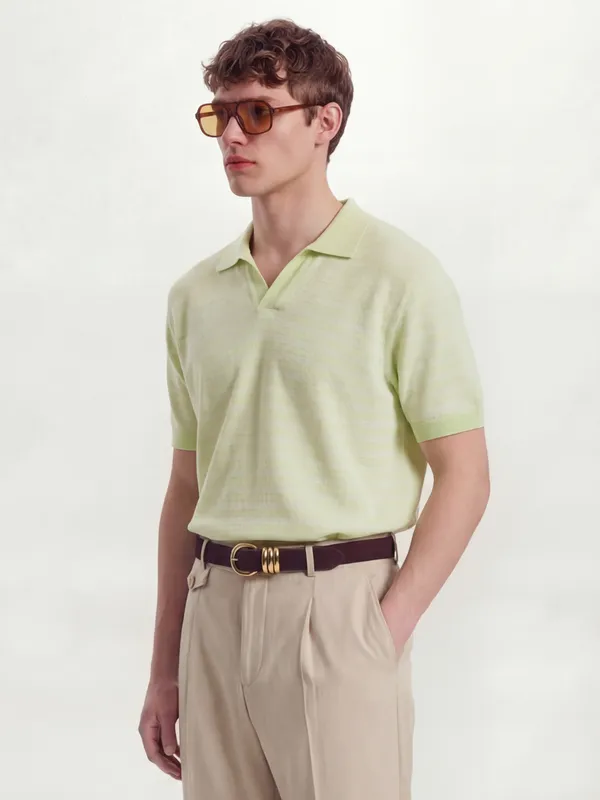 Highlander Men Green Self Design Polo Collar T-Shirt