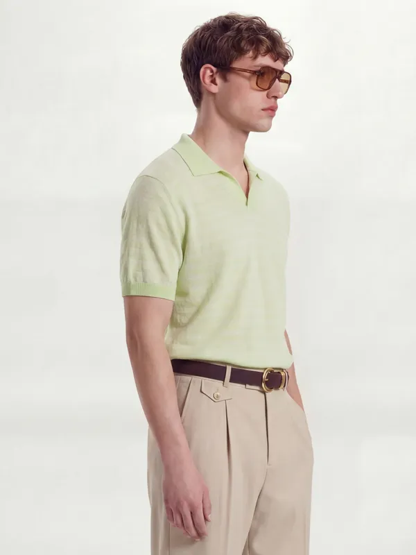 Highlander Men Green Self Design Polo Collar T-Shirt