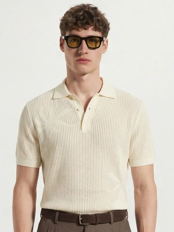 Highlander Men Cream Self Design Polo Collar T-Shirt
