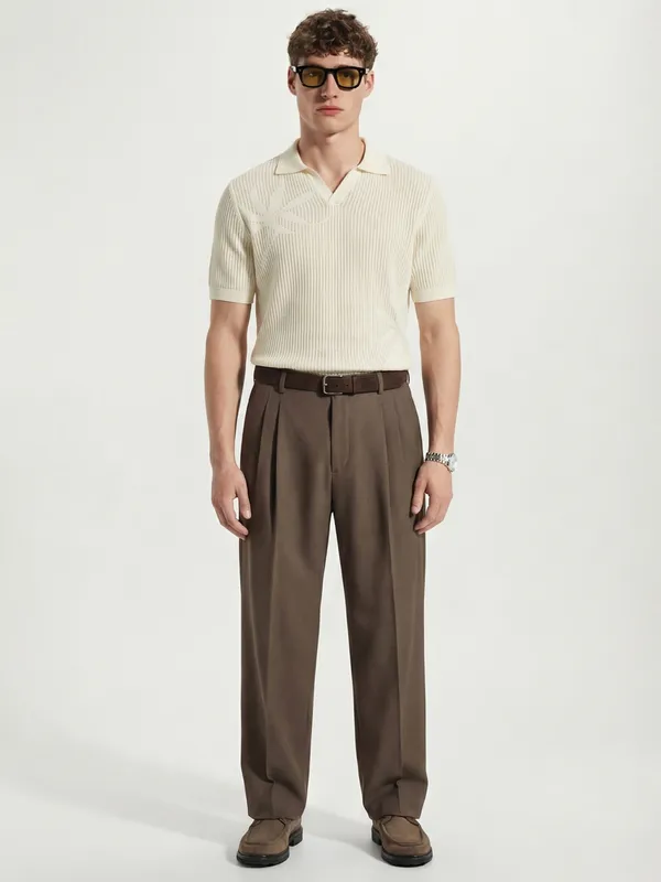 Highlander Men Cream Self Design Polo Collar T-Shirt