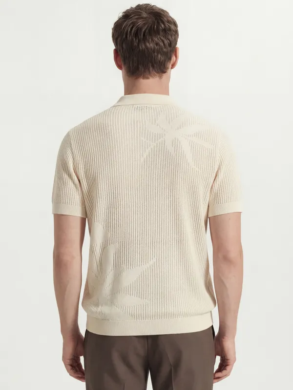 Highlander Men Cream Self Design Polo Collar T-Shirt