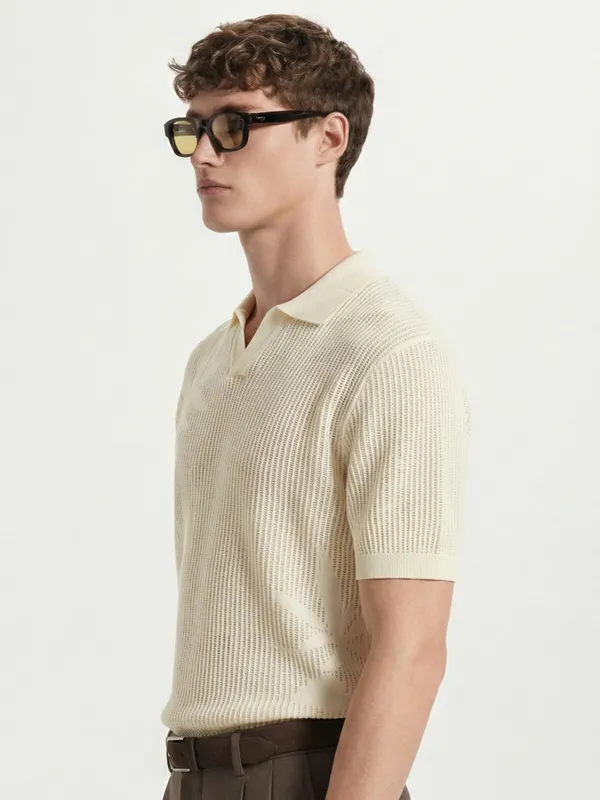 Highlander Men Cream Self Design Polo Collar T-Shirt