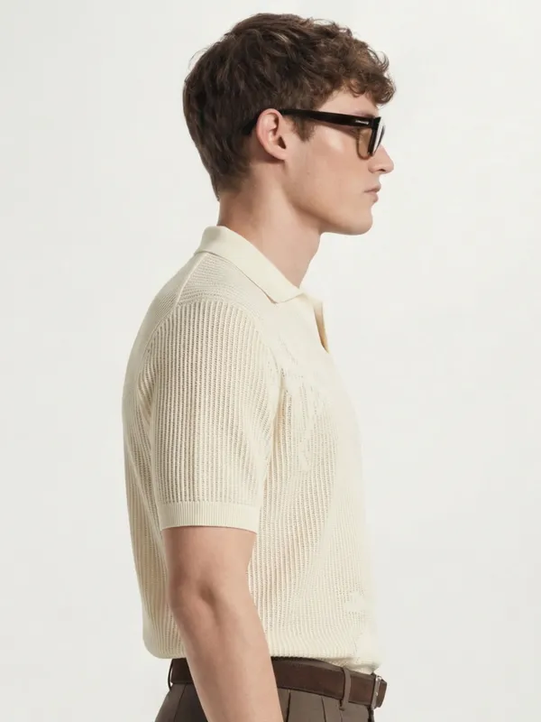 Highlander Men Cream Self Design Polo Collar T-Shirt