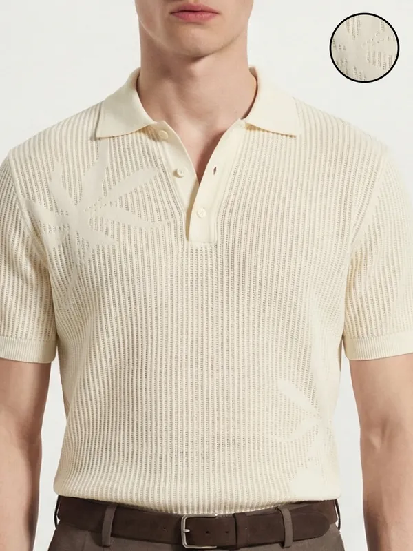 Highlander Men Cream Self Design Polo Collar T-Shirt