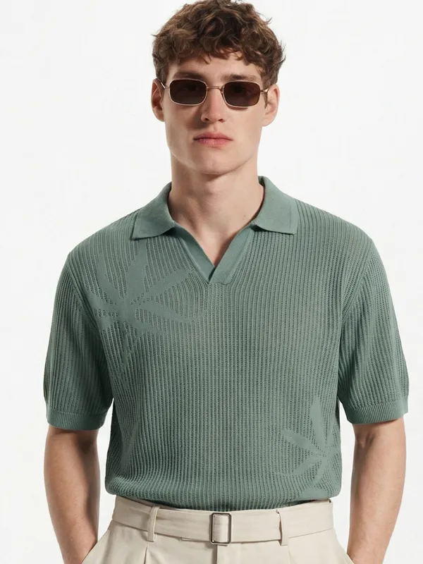 Highlander Men Green Self Design Polo Collar T-Shirt