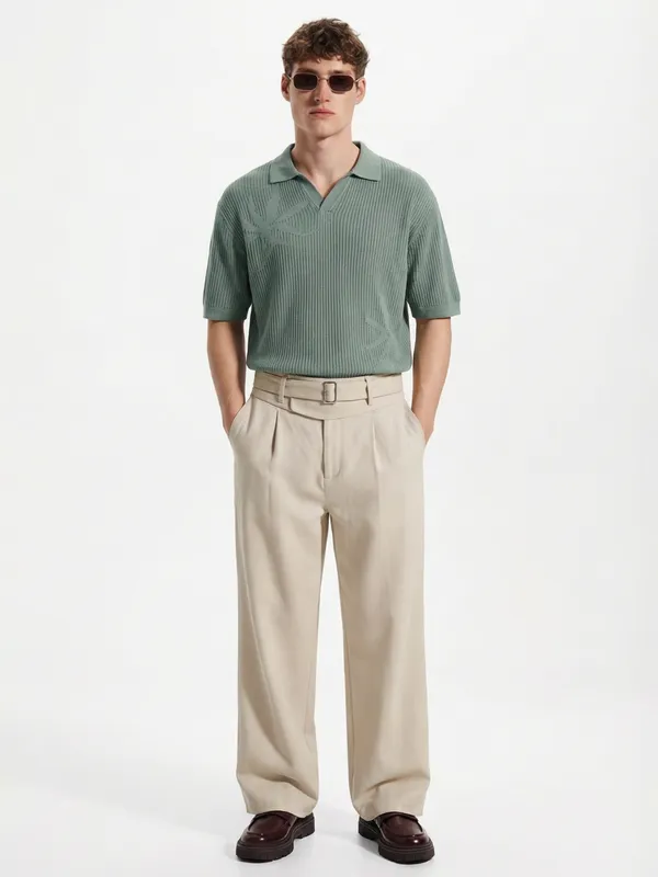 Highlander Men Green Self Design Polo Collar T-Shirt