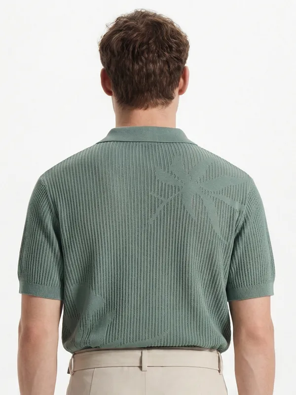 Highlander Men Green Self Design Polo Collar T-Shirt