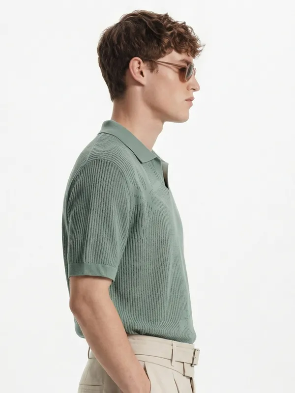 Highlander Men Green Self Design Polo Collar T-Shirt