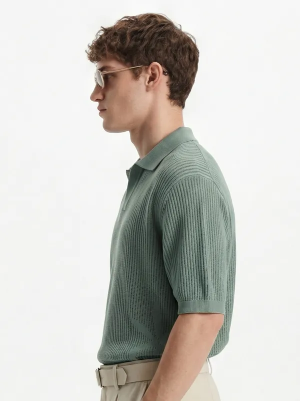 Highlander Men Green Self Design Polo Collar T-Shirt