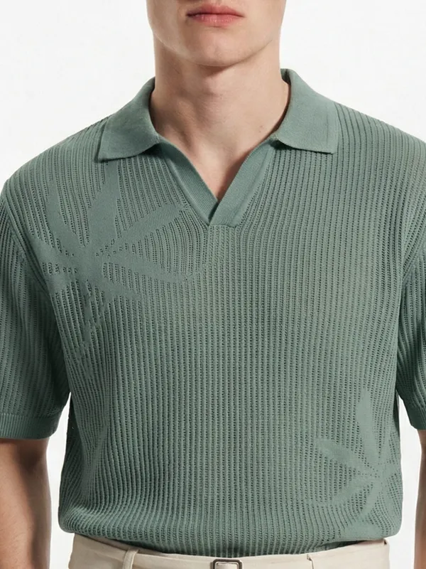 Highlander Men Green Self Design Polo Collar T-Shirt