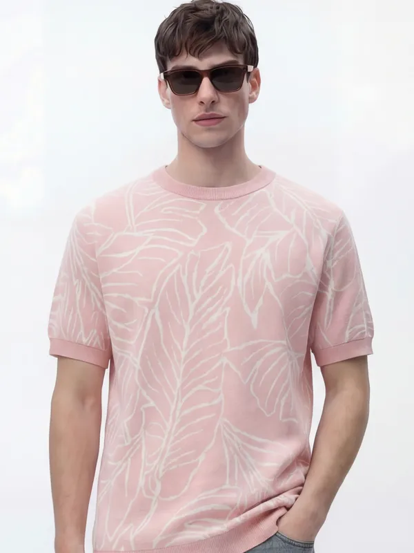 Highlander Men Pink Self Design Round Neck T-Shirt