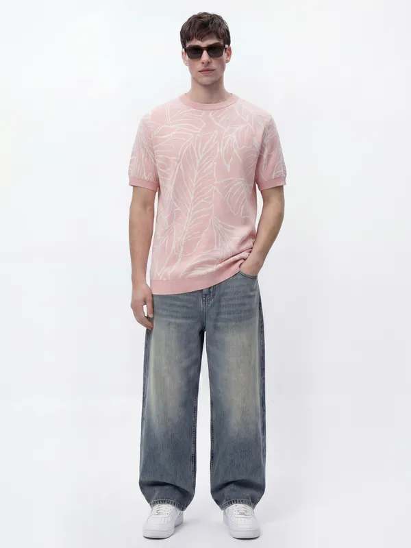 Highlander Men Pink Self Design Round Neck T-Shirt