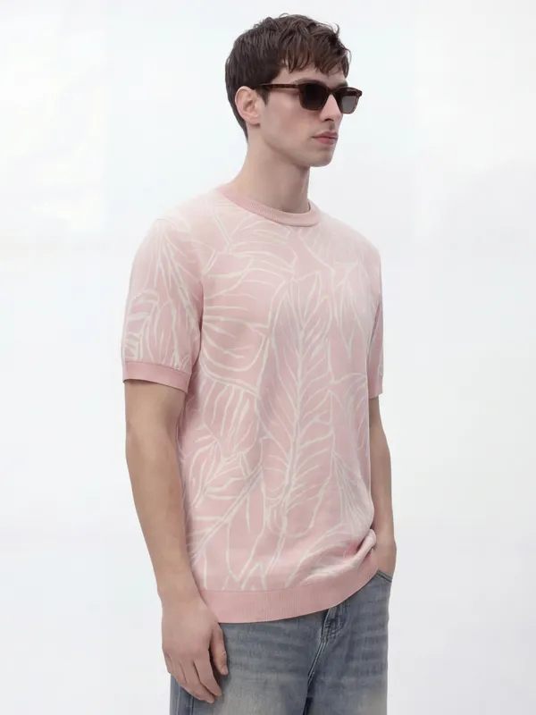 Highlander Men Pink Self Design Round Neck T-Shirt