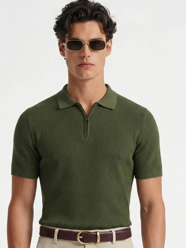 Highlander Men Olive Self Design Polo Collar T-Shirt