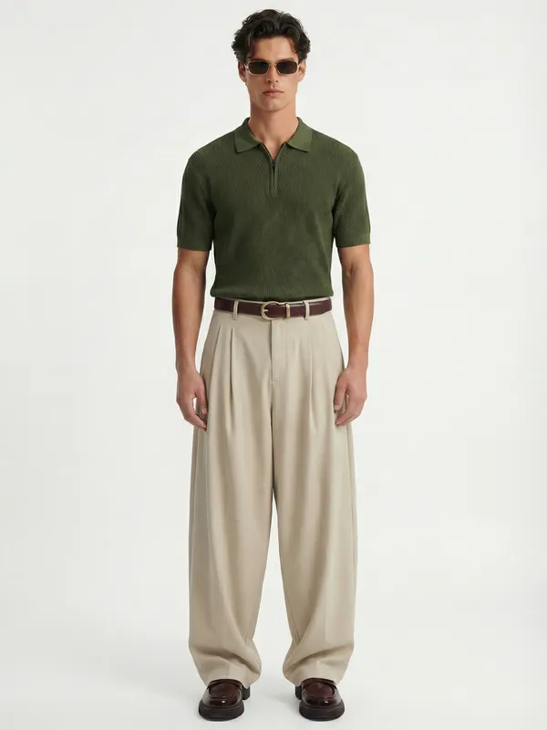 Highlander Men Olive Self Design Polo Collar T-Shirt