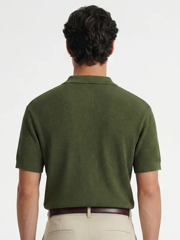 Highlander Men Olive Self Design Polo Collar T-Shirt