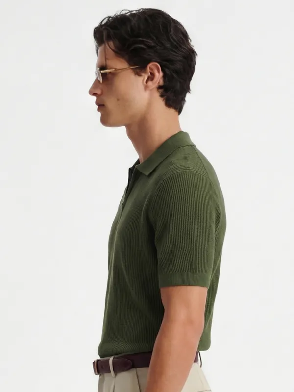 Highlander Men Olive Self Design Polo Collar T-Shirt