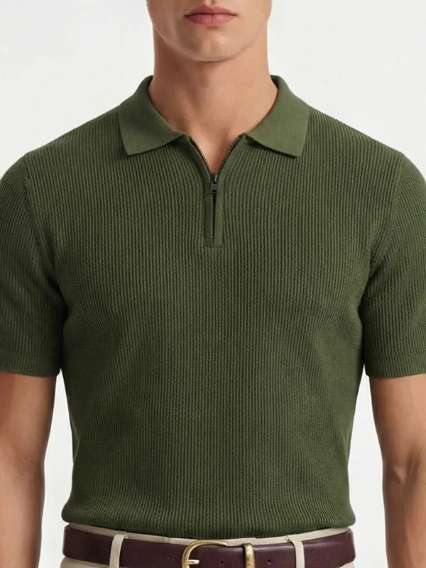Highlander Men Olive Self Design Polo Collar T-Shirt