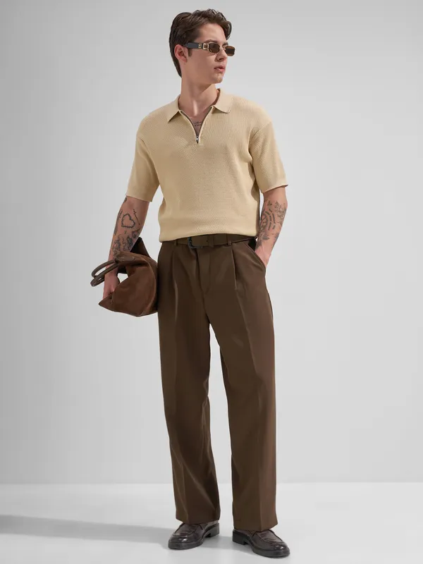 Highlander Men Cream Self Design Polo Collar T-Shirt