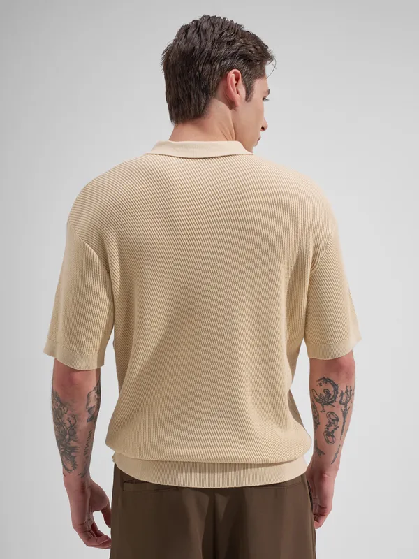 Highlander Men Cream Self Design Polo Collar T-Shirt