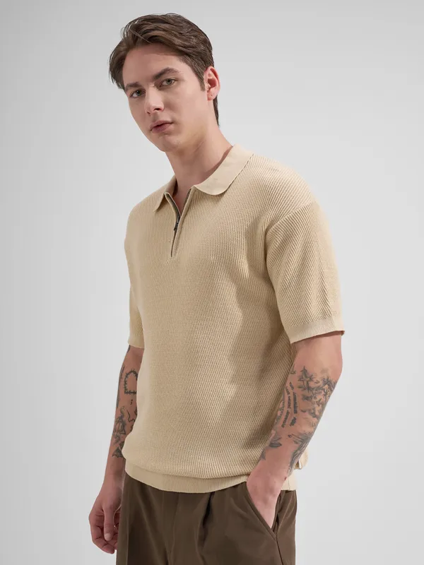 Highlander Men Cream Self Design Polo Collar T-Shirt