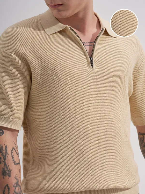 Highlander Men Cream Self Design Polo Collar T-Shirt