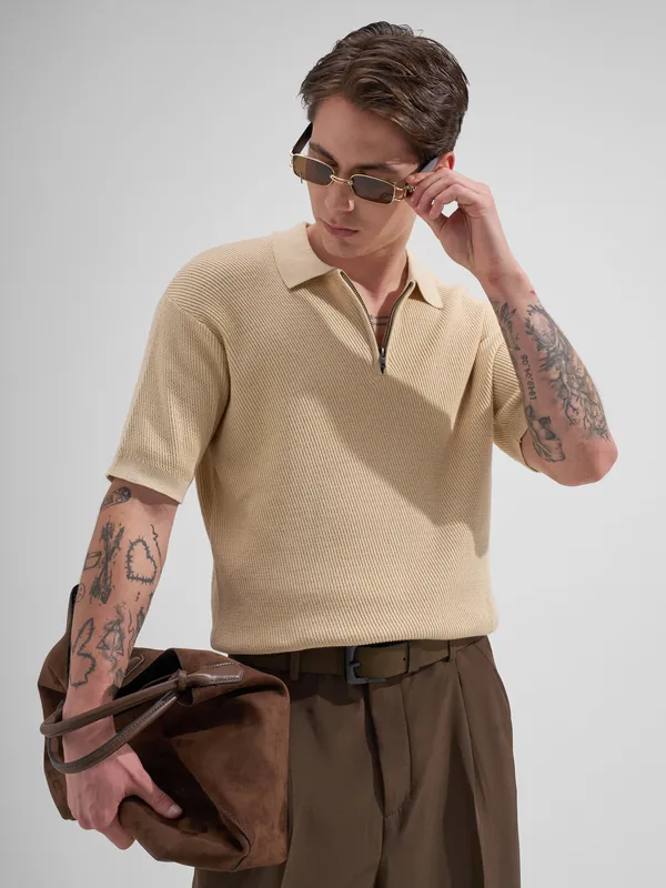 Highlander Men Cream Self Design Polo Collar T-Shirt