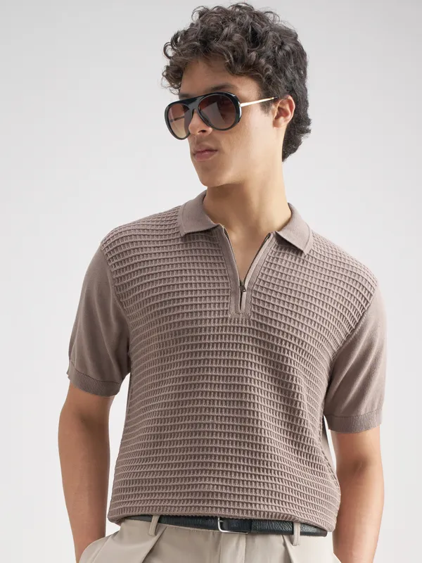 Highlander Men Brown Self Design Polo Collar T-Shirt