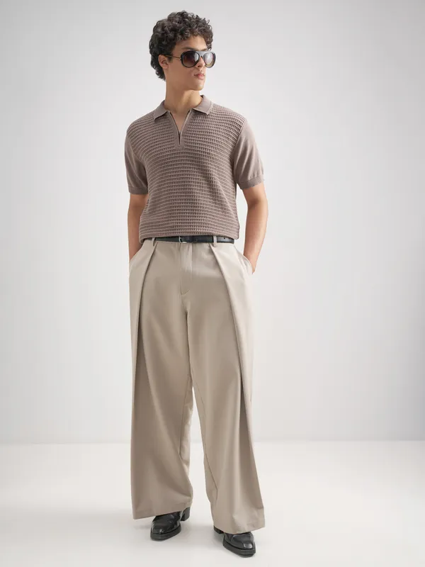 Highlander Men Brown Self Design Polo Collar T-Shirt