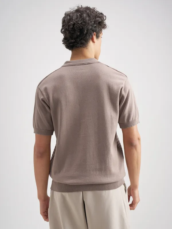 Highlander Men Brown Self Design Polo Collar T-Shirt