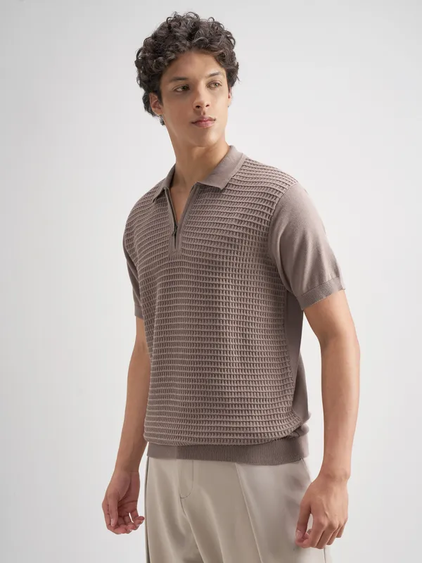 Highlander Men Brown Self Design Polo Collar T-Shirt