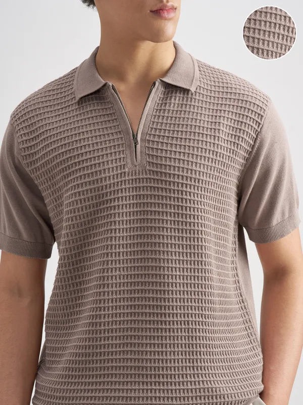 Highlander Men Brown Self Design Polo Collar T-Shirt