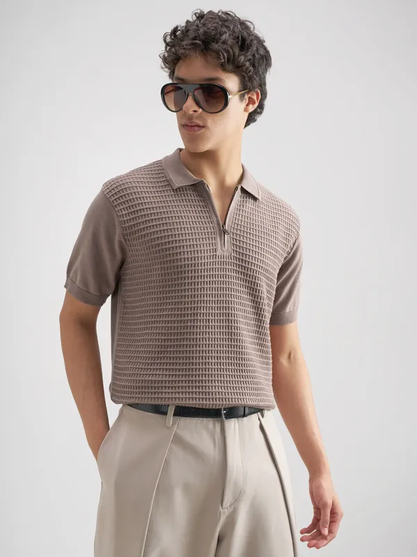 Highlander Men Brown Self Design Polo Collar T-Shirt