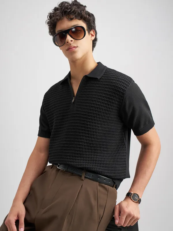 Highlander Men Black Self Design Polo Collar T-Shirt