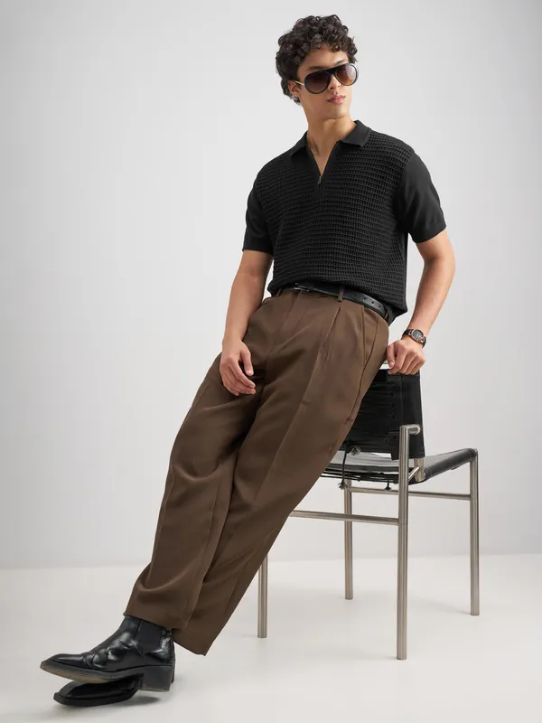 Highlander Men Black Self Design Polo Collar T-Shirt