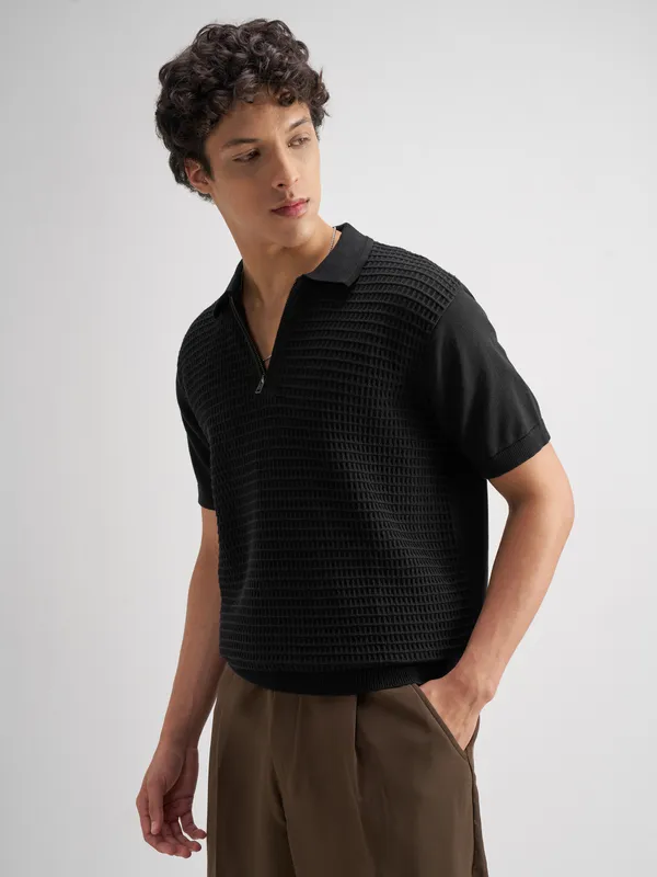 Highlander Men Black Self Design Polo Collar T-Shirt