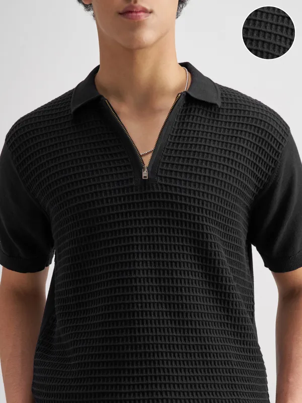 Highlander Men Black Self Design Polo Collar T-Shirt