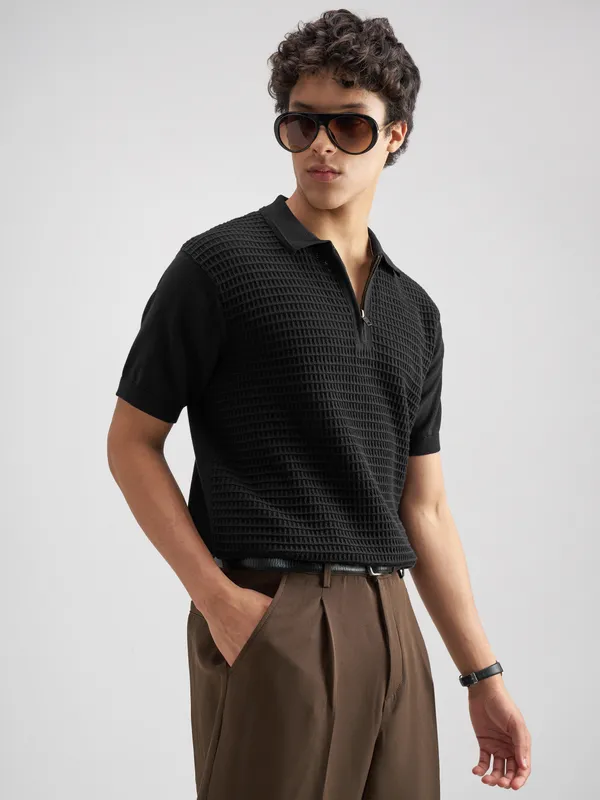 Highlander Men Black Self Design Polo Collar T-Shirt