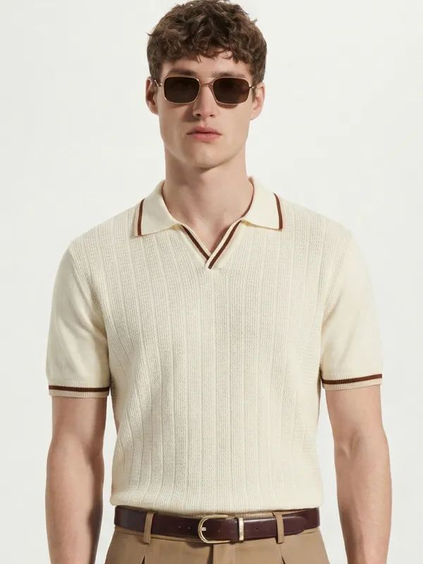 Highlander Men Cream Self Design Polo Collar T-Shirt