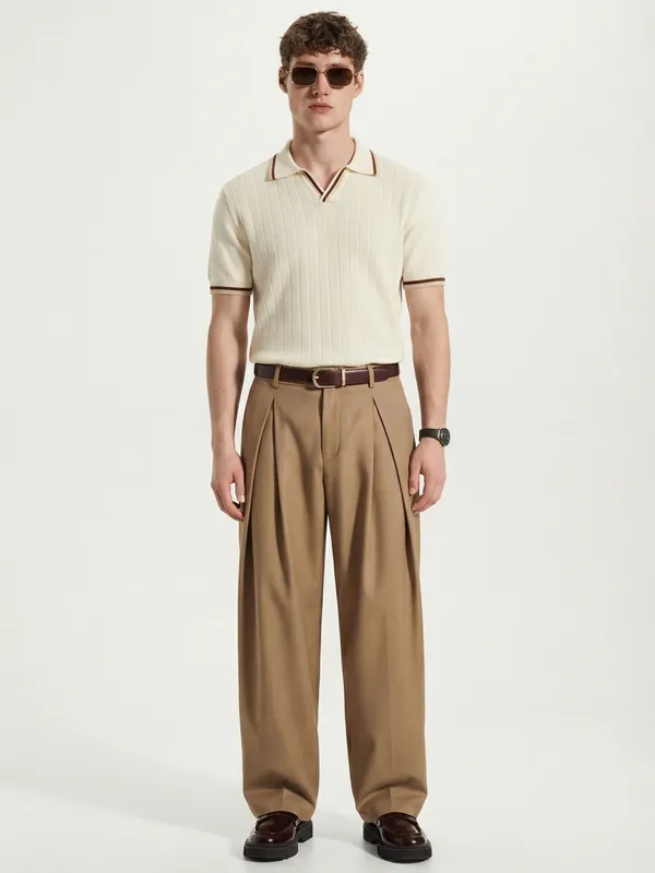 Highlander Men Cream Self Design Polo Collar T-Shirt