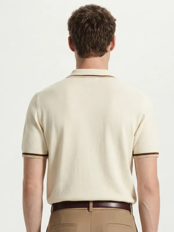 Highlander Men Cream Self Design Polo Collar T-Shirt