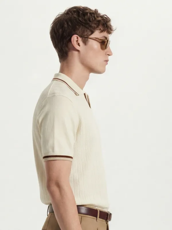 Highlander Men Cream Self Design Polo Collar T-Shirt