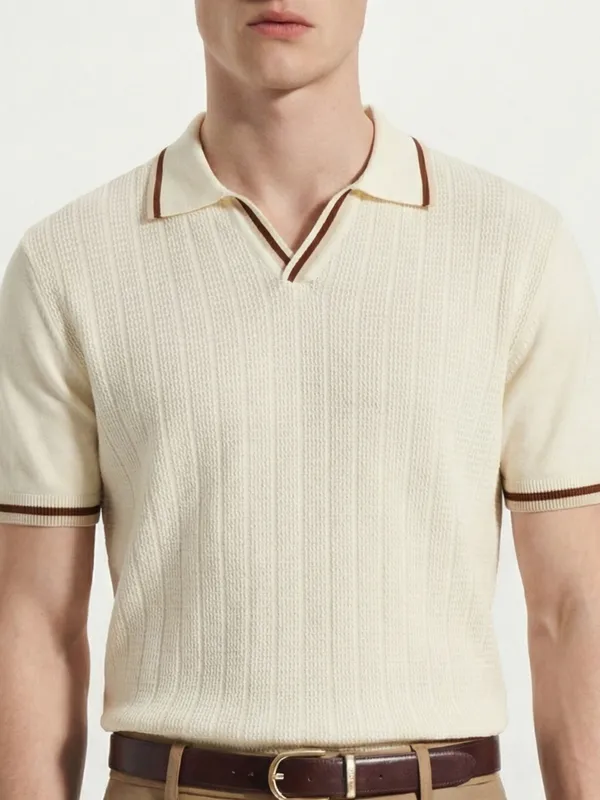 Highlander Men Cream Self Design Polo Collar T-Shirt