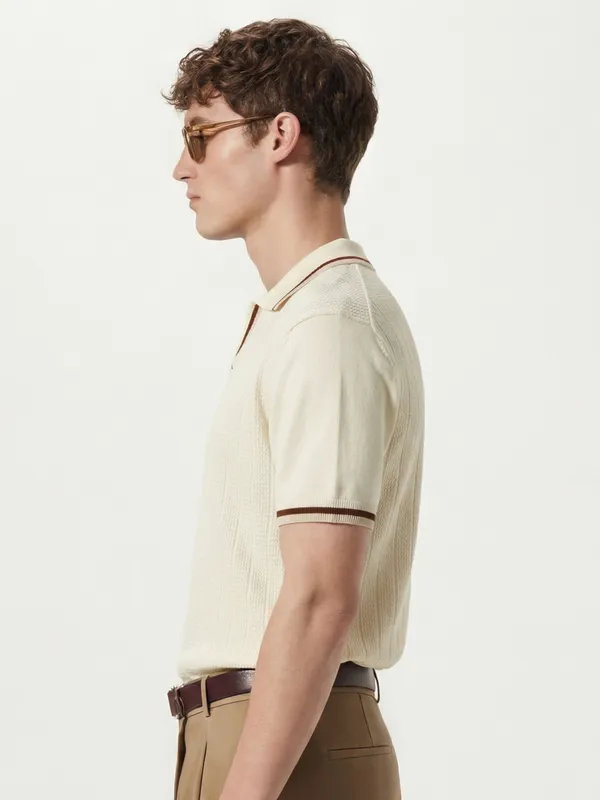 Highlander Men Cream Self Design Polo Collar T-Shirt